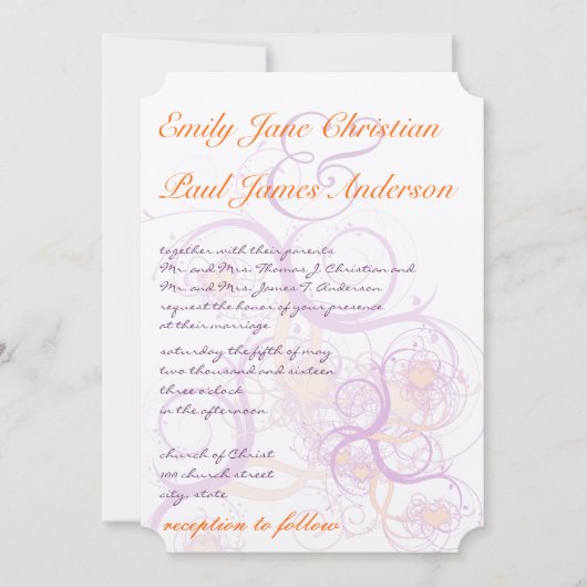 Oranje en Paarse zwepen en harten bruiloft Kaart (Voorkant)