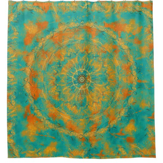 Oranje en Peacock Green Primitive Mandala Douchegordijn (Voorkant)