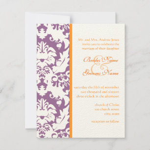 Oranje en plum Damask Wedding Invitations Kaart