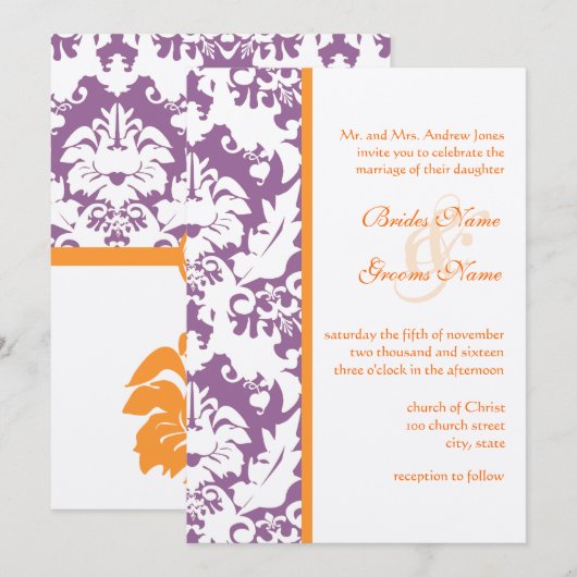 Oranje en plum Damask Wedding Invitations Kaart (Voorkant / Achterkant)