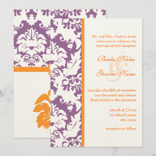 Oranje en plum Damask Wedding Invitations Kaart