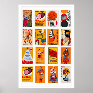 Oranje en Rode Luciferdoosje Label Collage, warm Poster