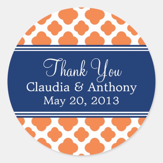 Oranje en Royal Blue Quatrefoil Hartelijk dank Ronde Sticker (Voorkant)