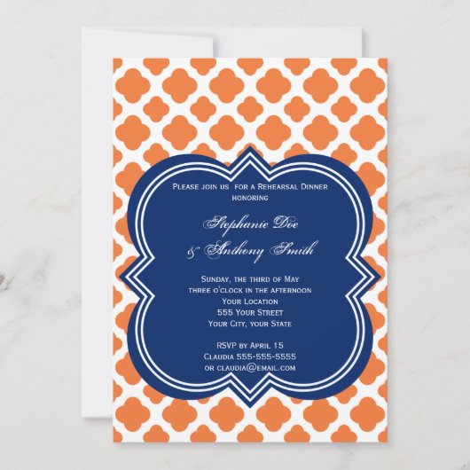 Oranje en Royal Blue Quatrefoil repesal Dinner Kaart (Voorkant)