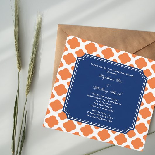 Oranje en Royal Blue Quatrefoil repesal Dinner Kaart