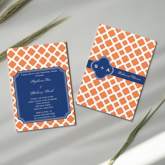 Oranje en Royal Blue Quatrefoil repesal Dinner Kaart