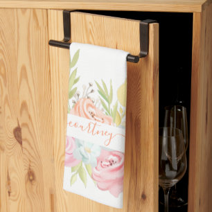 Oranje en roze aquarel bloemstuk gepersonaliseerd theedoek