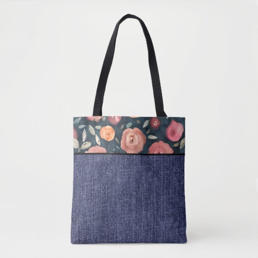 Oranje en roze bloemen en denim tote bag (Voorkant)