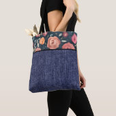 Oranje en roze bloemen en denim tote bag (Dichtbij)