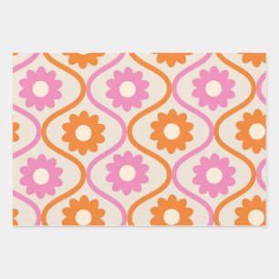 Oranje en roze bloemen op  Ogee Inpakpapier Vel