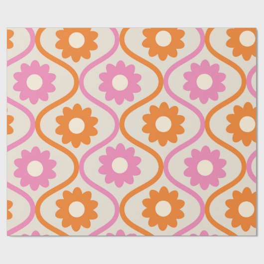 Oranje en roze bloemen op Retro Ogee Pattern Cadeaupapier (Vlak)