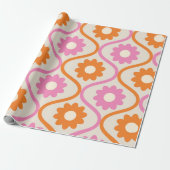 Oranje en roze bloemen op Retro Ogee Pattern Cadeaupapier (Uitgerold)