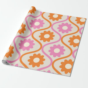 Oranje en roze bloemen op Retro Ogee Pattern Cadeaupapier