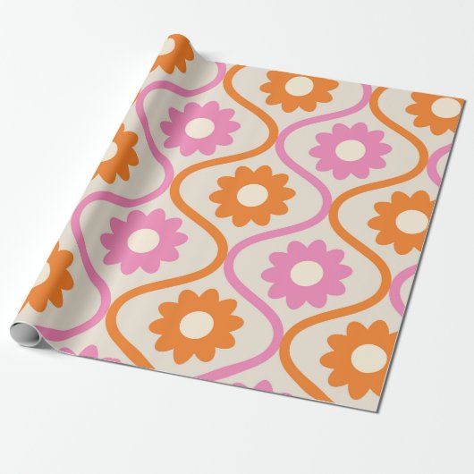 Oranje en roze bloemen op Retro Ogee Pattern Cadeaupapier (Uitgerold)