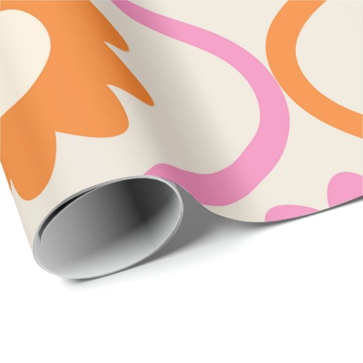 Oranje en roze bloemen op Retro Ogee Pattern Cadeaupapier (Rol Hoek)