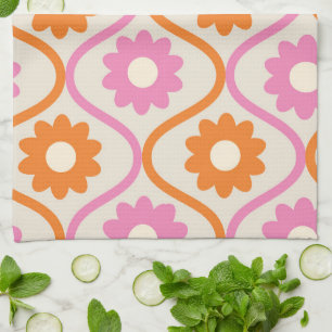 Oranje en roze bloemen op Retro Ogee Theedoek