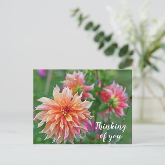 Oranje en Roze Dahlia Bloem Denk aan jou Briefkaart (Staand voorkant)