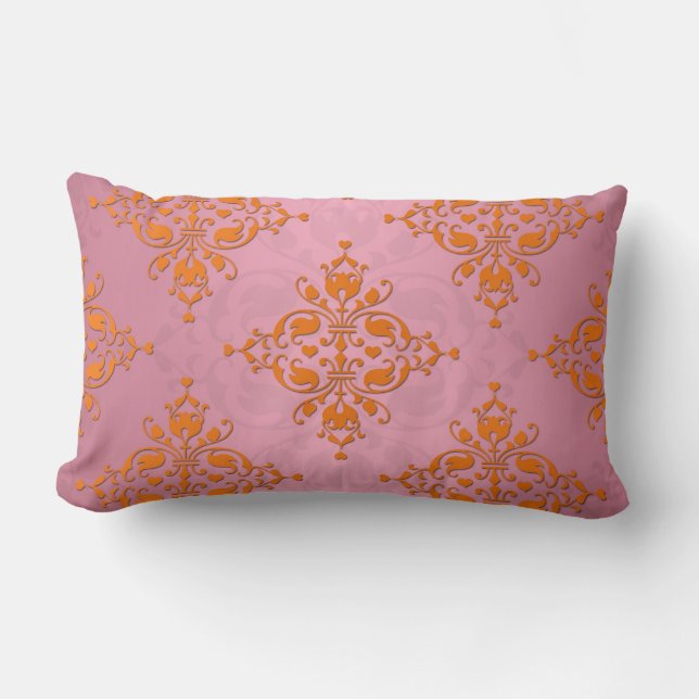Oranje en Roze Damast Patroon Kussen (Voorkant)