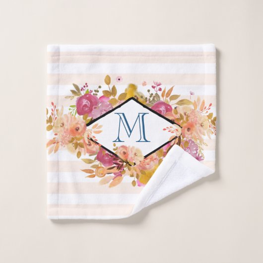 Oranje en roze Floral Bouquet Monogram Bad Handdoek (Wasdoekje)