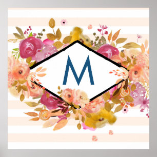 Oranje en roze Floral Bouquet Monogram Poster