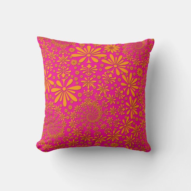 Oranje en roze Floral Patroon Kussen (Voorkant)