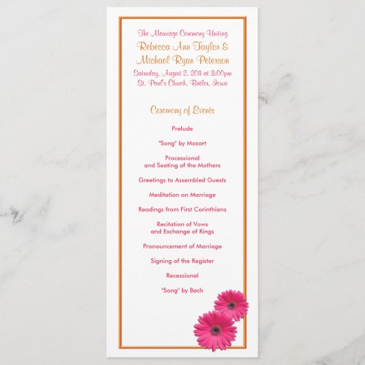 Oranje en roze Gerbera Daisy Wedding Program Programmakaart (Voorkant)
