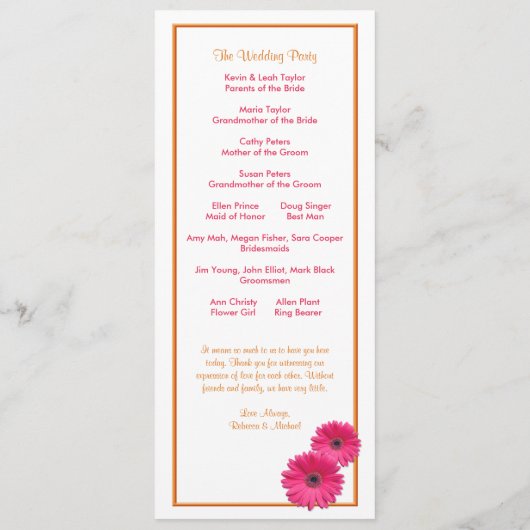 Oranje en roze Gerbera Daisy Wedding Program Programmakaart (Achterkant)