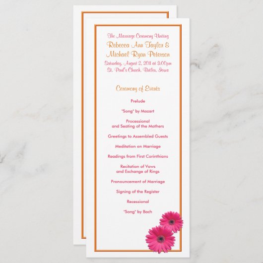 Oranje en roze Gerbera Daisy Wedding Program Programmakaart (Voorkant / Achterkant)