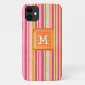 Oranje en roze gestreept monogram Case-Mate iPhone case (Achterkant)