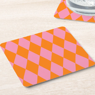 Oranje en roze harlekijn geruit ontwerp kartonnen onderzetters