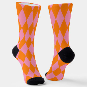 Oranje en roze harlekijn geruit ontwerp sokken