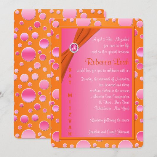 Oranje en Roze poka Dot Bat Mitzvah Uitnodiging (Voorkant / Achterkant)