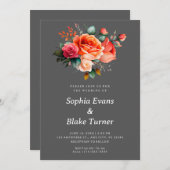 Oranje en roze rozen grauwe bruiloft kaart (Voorkant / Achterkant)
