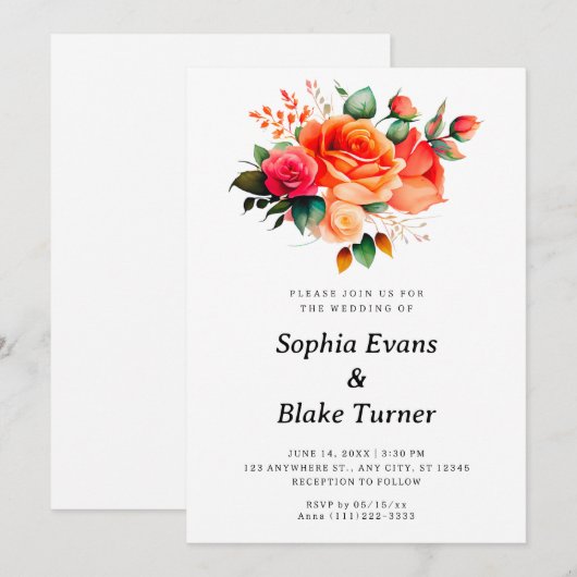 Oranje en roze rozen Witte Florale bruiloft Kaart (Voorkant / Achterkant)