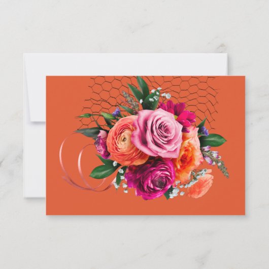 Oranje en roze rozendetaillering RSVP kaartje (Achterkant)