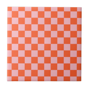 Oranje en roze schaakbordpatroon tegeltje