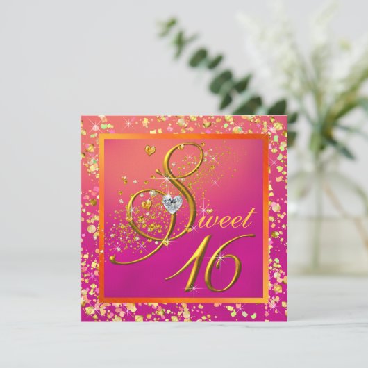 Oranje en roze Sweet Sixteen Party Kaart (Staand voorkant)