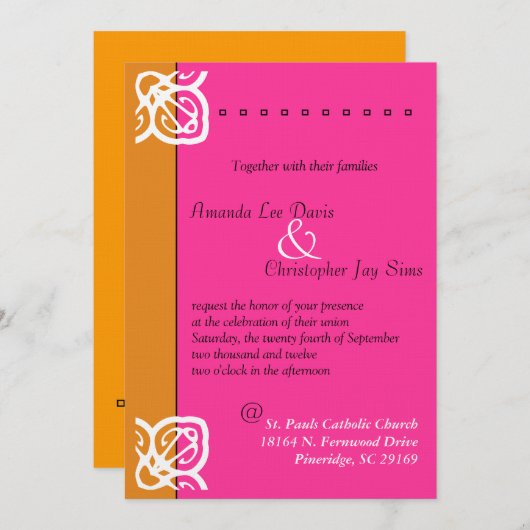 Oranje en roze uitnodiging voor sierweddenschappen (Voorkant / Achterkant)