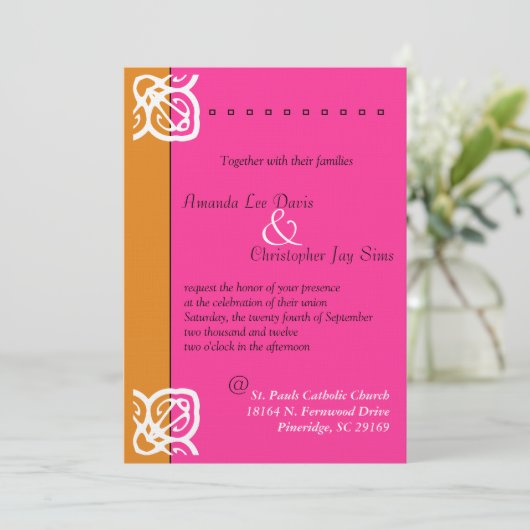 Oranje en roze uitnodiging voor sierweddenschappen (Staand voorkant)