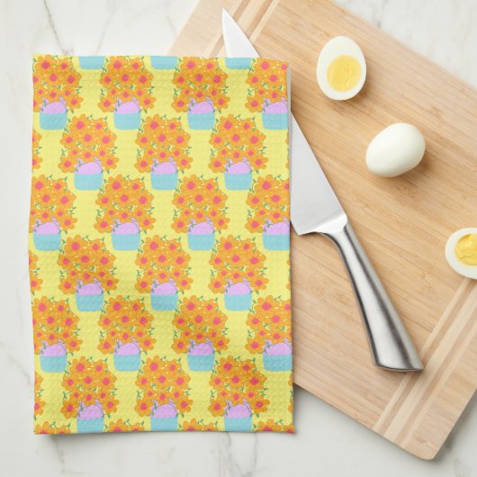 Oranje en roze voorjaarsbloemen theedoek (Quarter Fold)