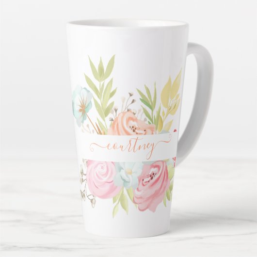 Oranje en roze waterverf floraal gepersonaliseerd latte mok (Rechterhoek)