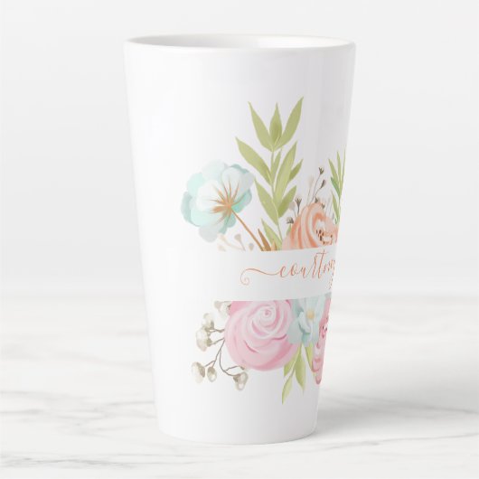 Oranje en roze waterverf floraal gepersonaliseerd latte mok (Voorkant)