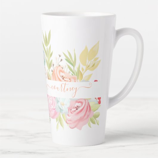 Oranje en roze waterverf floraal gepersonaliseerd latte mok (Rechts)