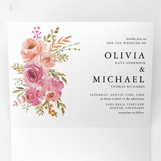 Oranje en roze Waterverf herfst bloemen bruiloft Drieluik Uitnodiging (Binnenzijde eerst)