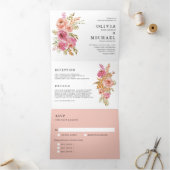 Oranje en roze Waterverf herfst bloemen bruiloft Drieluik Uitnodiging (Binnen)