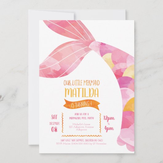 Oranje en Roze Zeemeermin Pool Party Verjaardag Kaart (Voorkant)