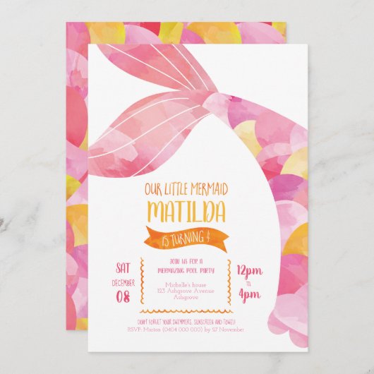 Oranje en Roze Zeemeermin Pool Party Verjaardag Kaart (Voorkant / Achterkant)