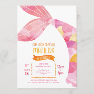 Oranje en Roze Zeemeermin Pool Party Verjaardag Kaart