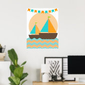Oranje en Teal Maritieme Zeilboot Babykamer Poster (Thuiskantoor)