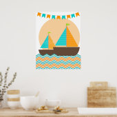 Oranje en Teal Maritieme Zeilboot Babykamer Poster (Keuken)